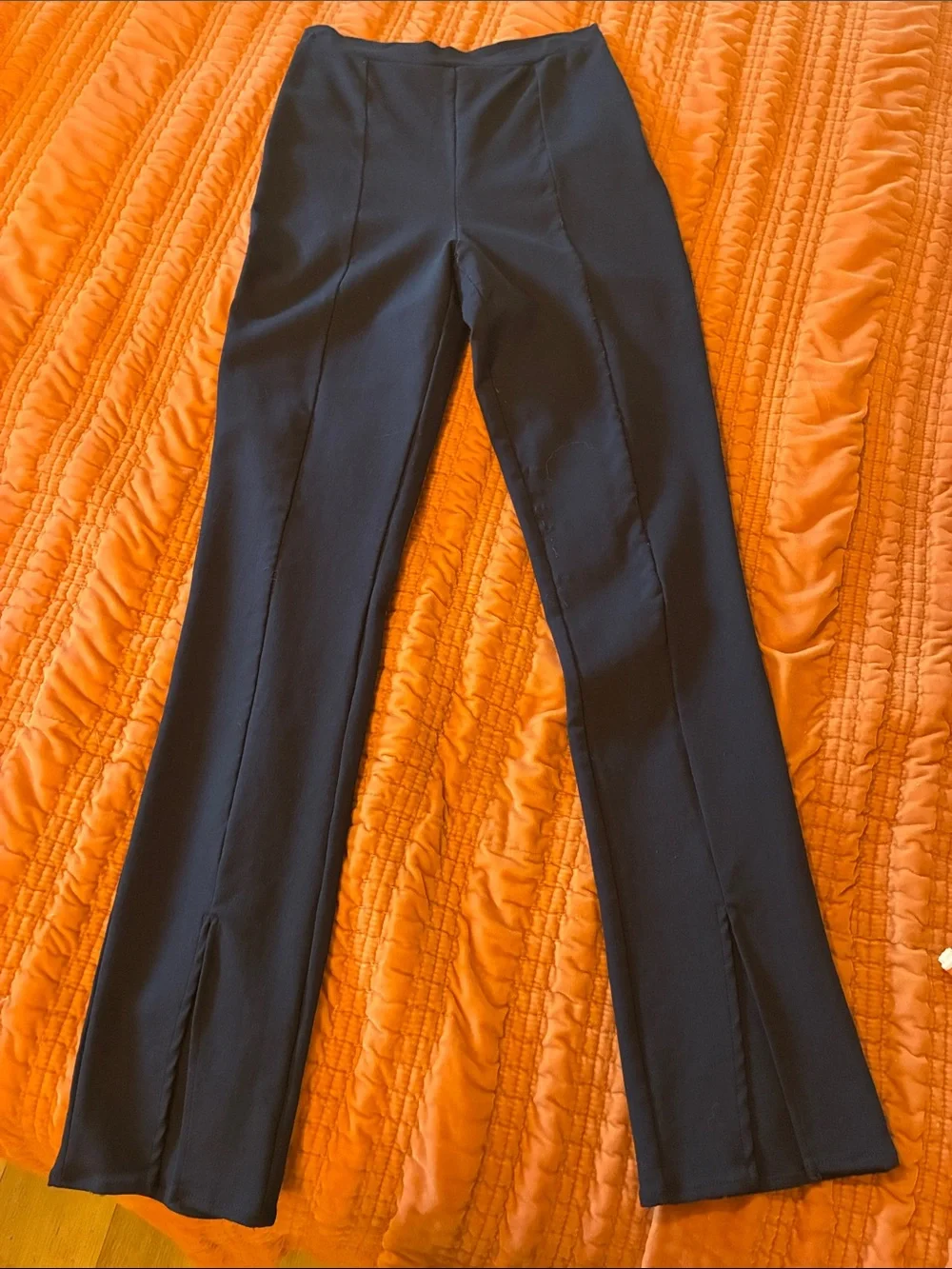 Reformation navy blue split hem stretch modal Fletcher ponte pant, size small